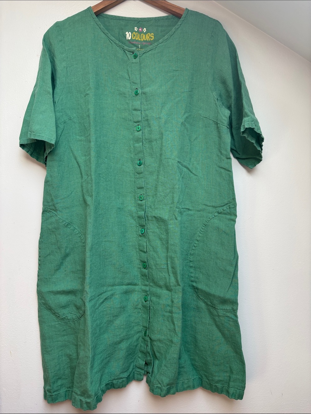 Gudrun Sjoden Green Linen Midi Button Front Pocket Dress, S